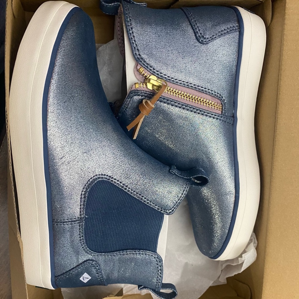 Sperry Blue Canvas Boots with Gold Zipper and White Sole